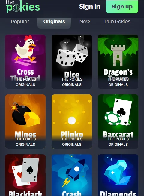 ThePokies originals mobile lobby
