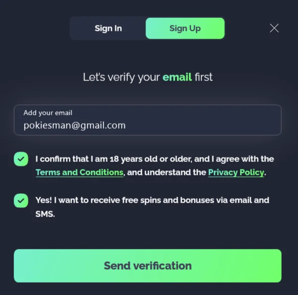ThePokies sign-up form, email verification step